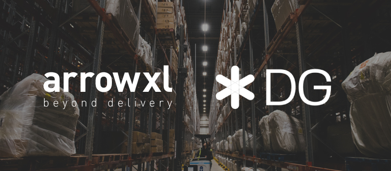 ArrowXL and DG International logos over image of warehouse